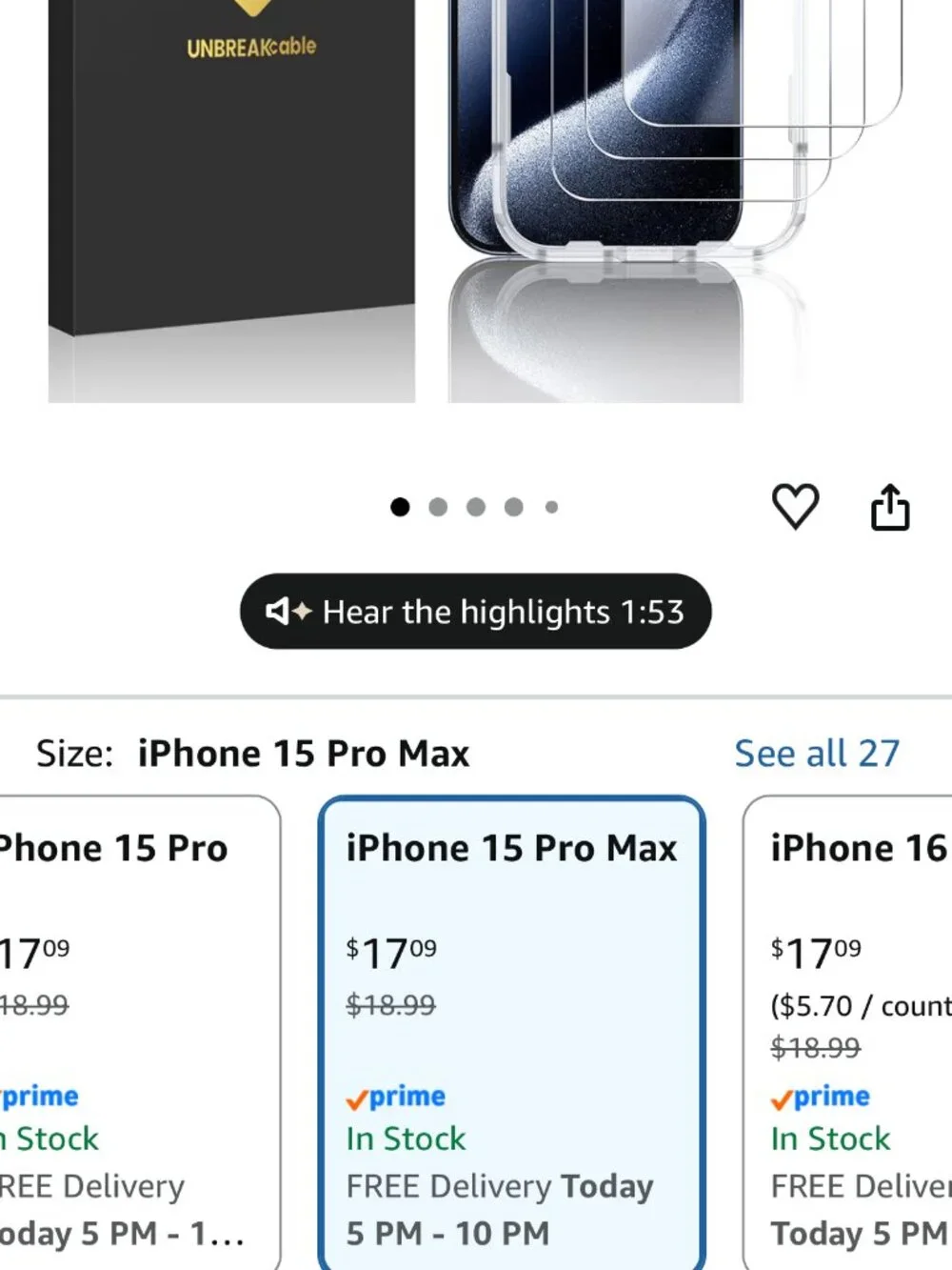 3pk UNBREAKcable Privacy Tempered Glass Screen Protector for iPhone 15 Pro Max